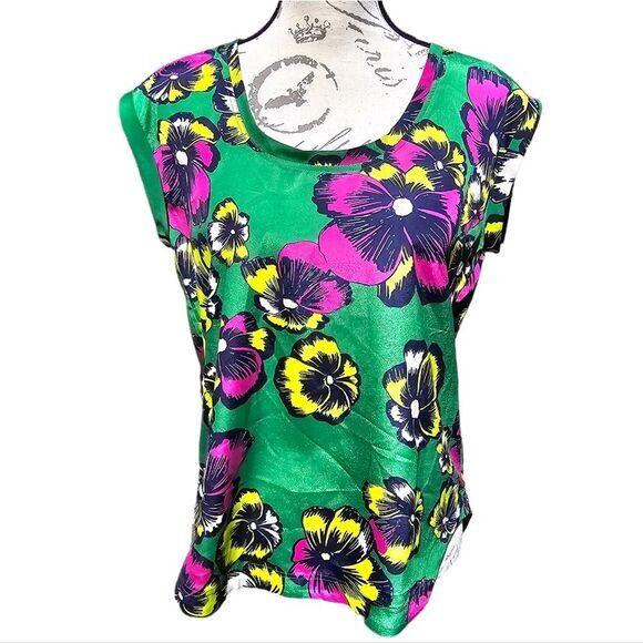 J. Crew -1518 Green Pink Tropical Floral Scoop Neck Sleeveless Blouse Top Size 6 - Picture 1 of 7